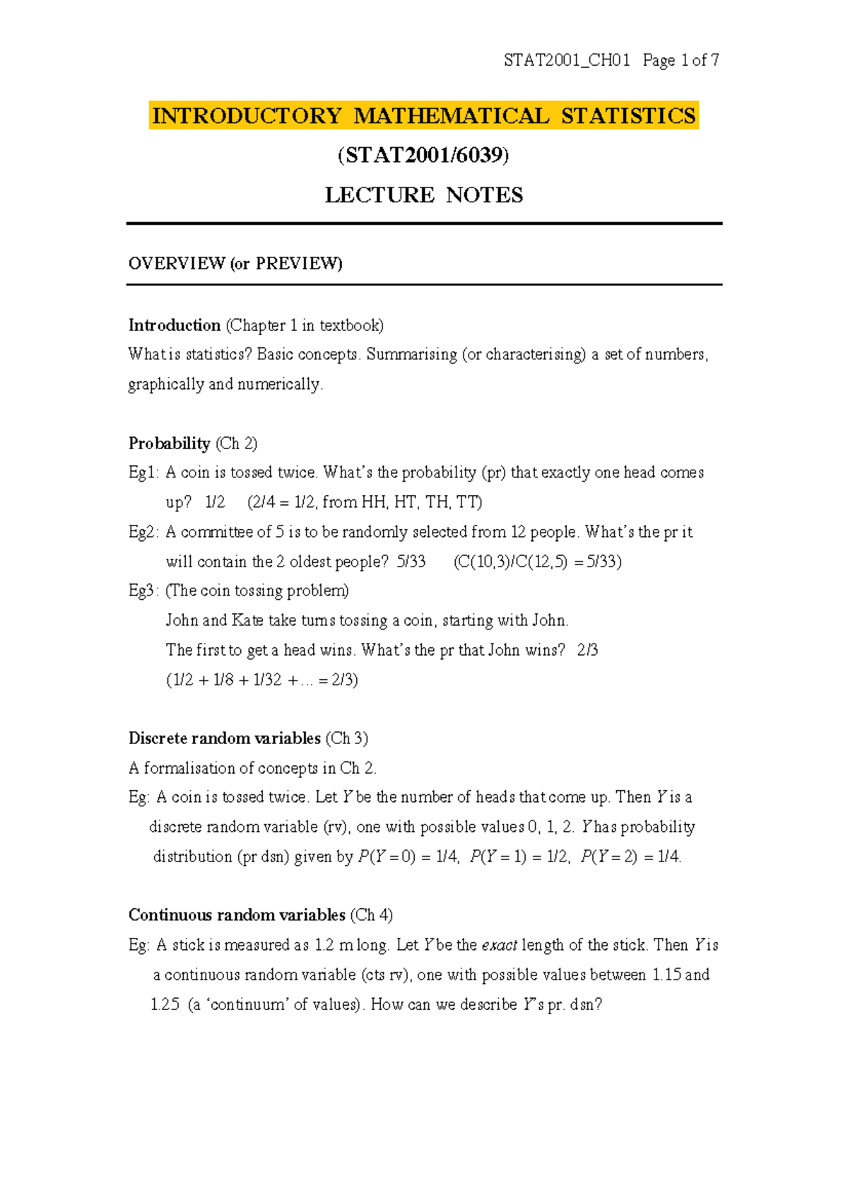 Lectures Ch 01 - STAT6039&2001 - STAT2001_CH01 Page 1 Of 7 INTRODUCTORY ...