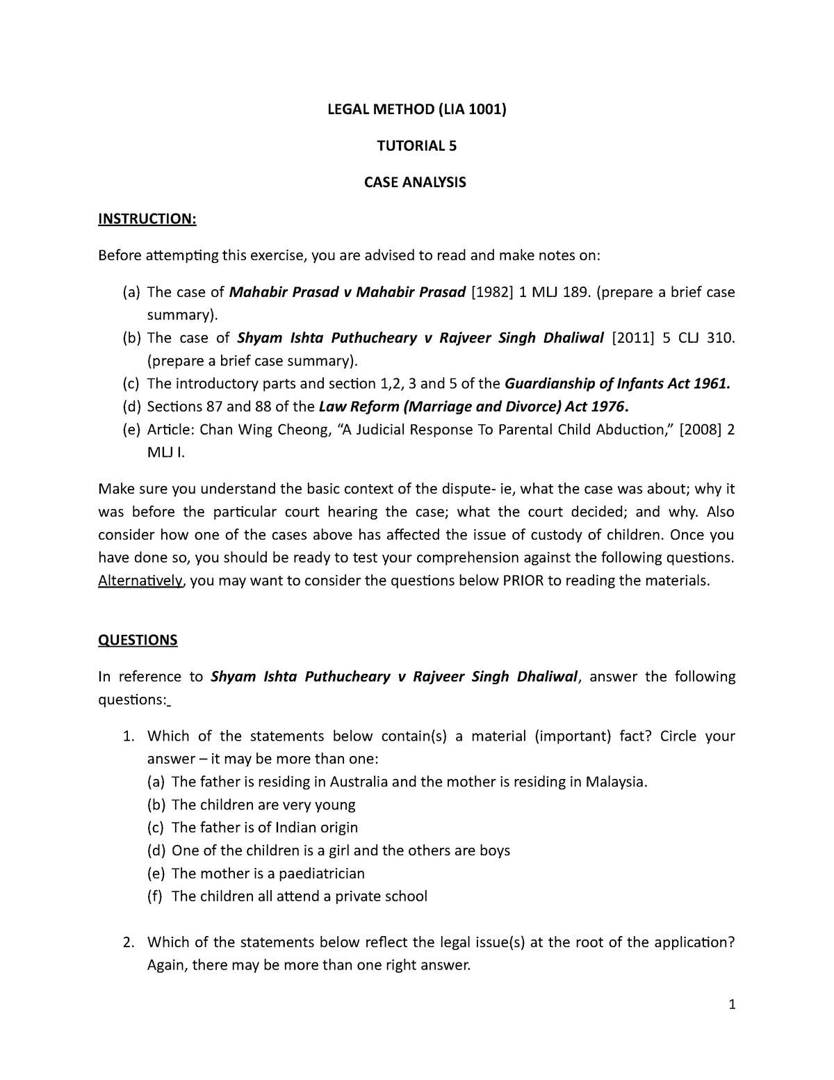 Tutorial Case Analysis - LEGAL METHOD (LIA 1001) TUTORIAL 5 CASE ...