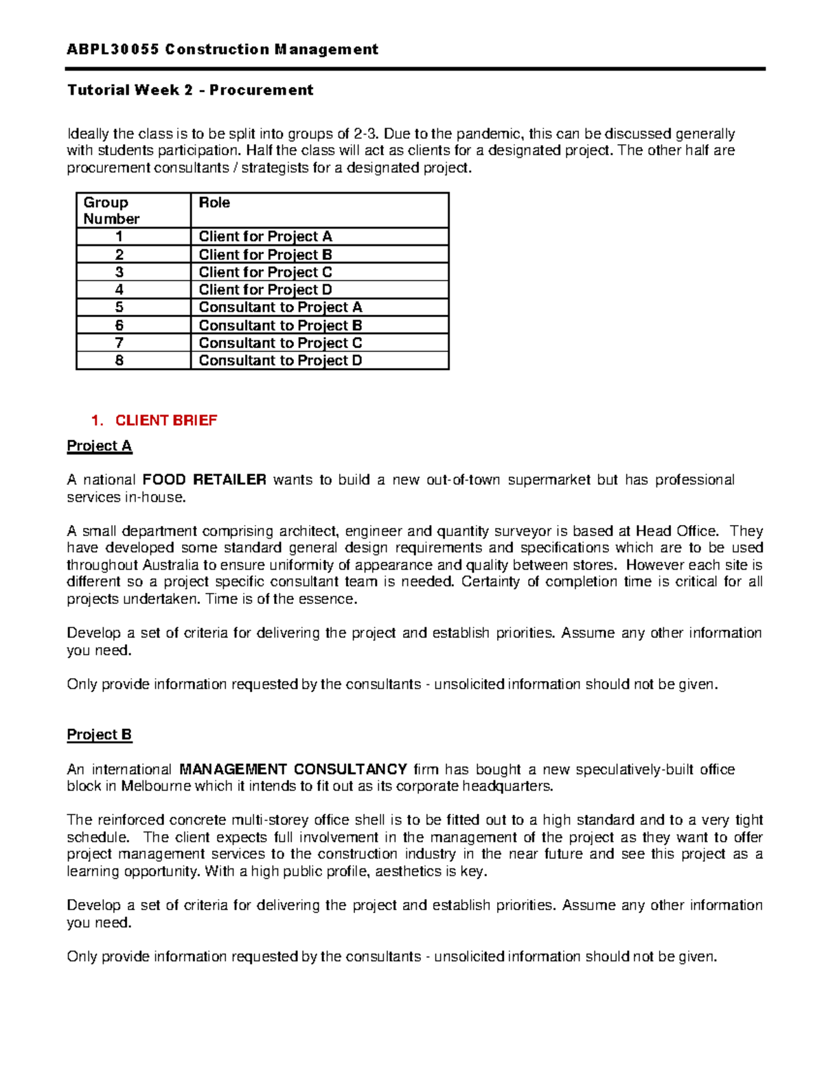 Tutorial Wk 2 Procurement-1 - ABPL 30055 Construction Management ...