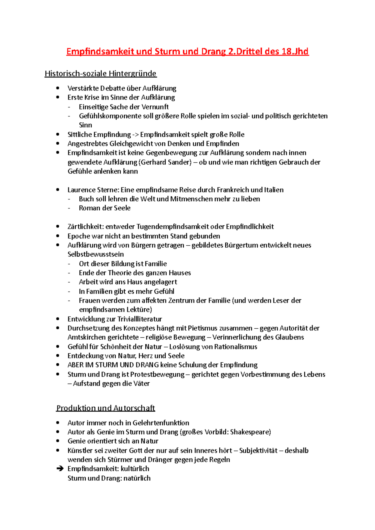 Empfindsamkeit und Sturm und Drang Goethe, Herder, Lenz) Göttingen