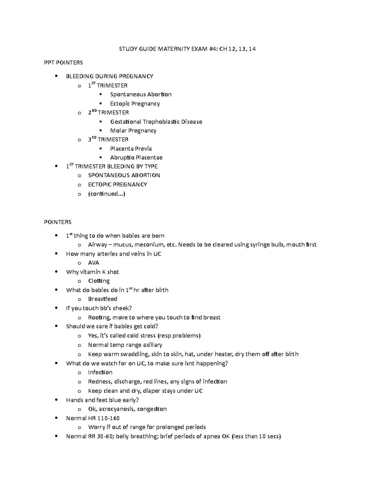 Maternity Exam 4 - Ch 12, 13, 14 - Study Guide Maternity Exam #4: Ch 12 