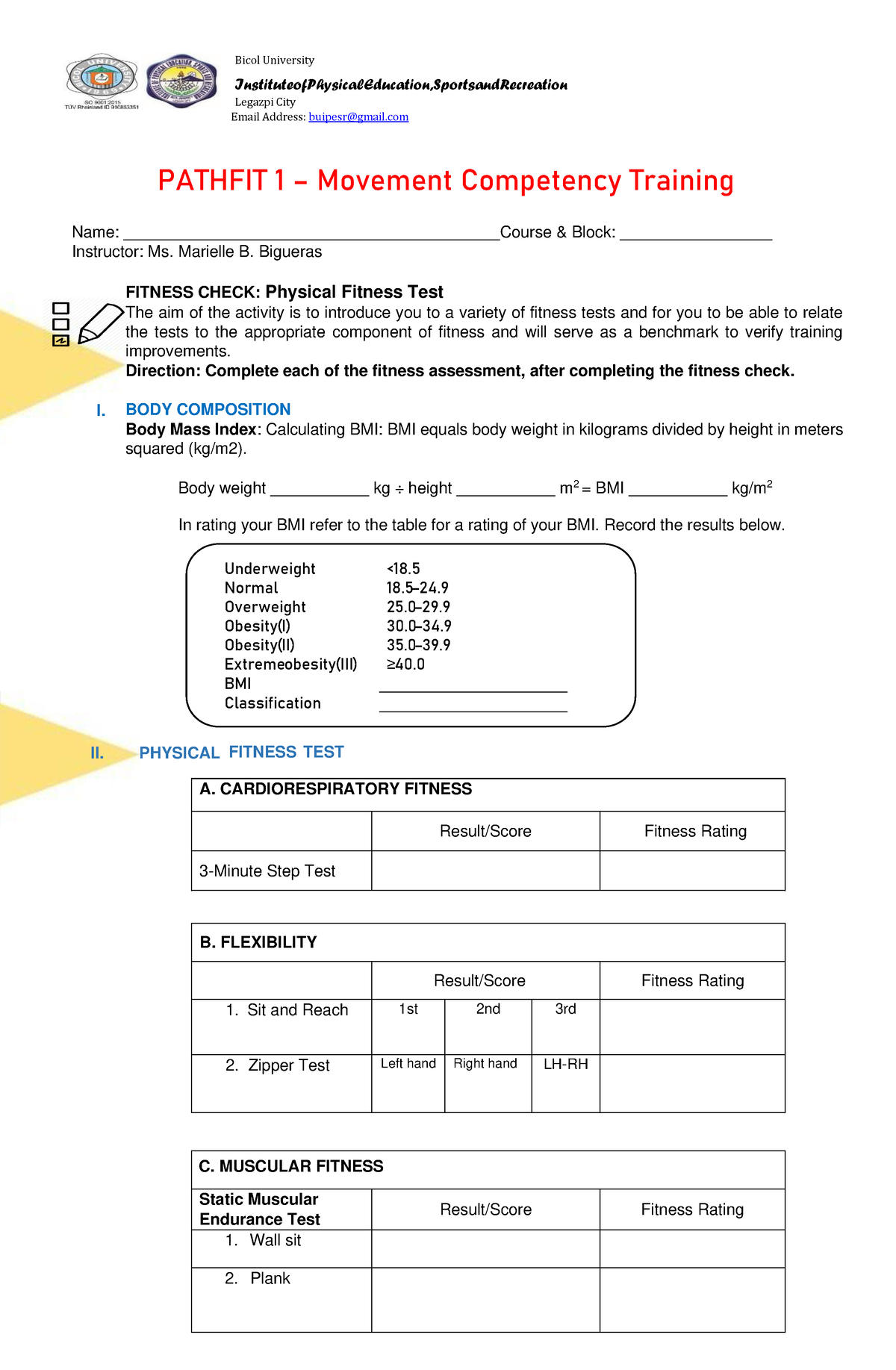 Pathfit 1- Physical Fitness TEST - I. Bicol University - Studocu