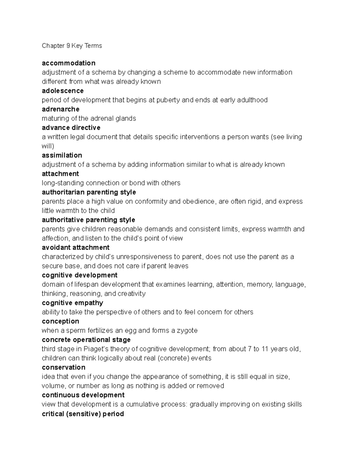 Chapter 9 Key Terms - vocab - Chapter 9 Key Terms accommodation ...