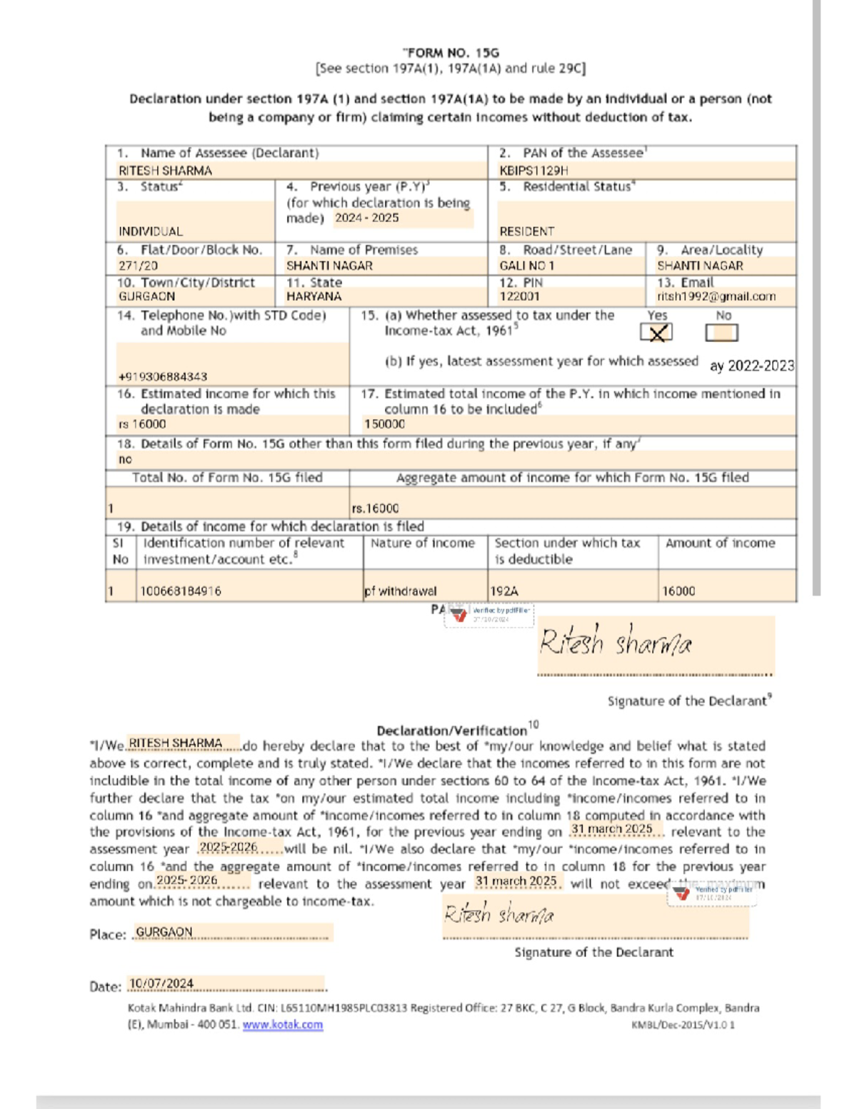 Form 15 G - Asdfg - NO. 15G Section 197A(1), 197A(1A) And Rule ...