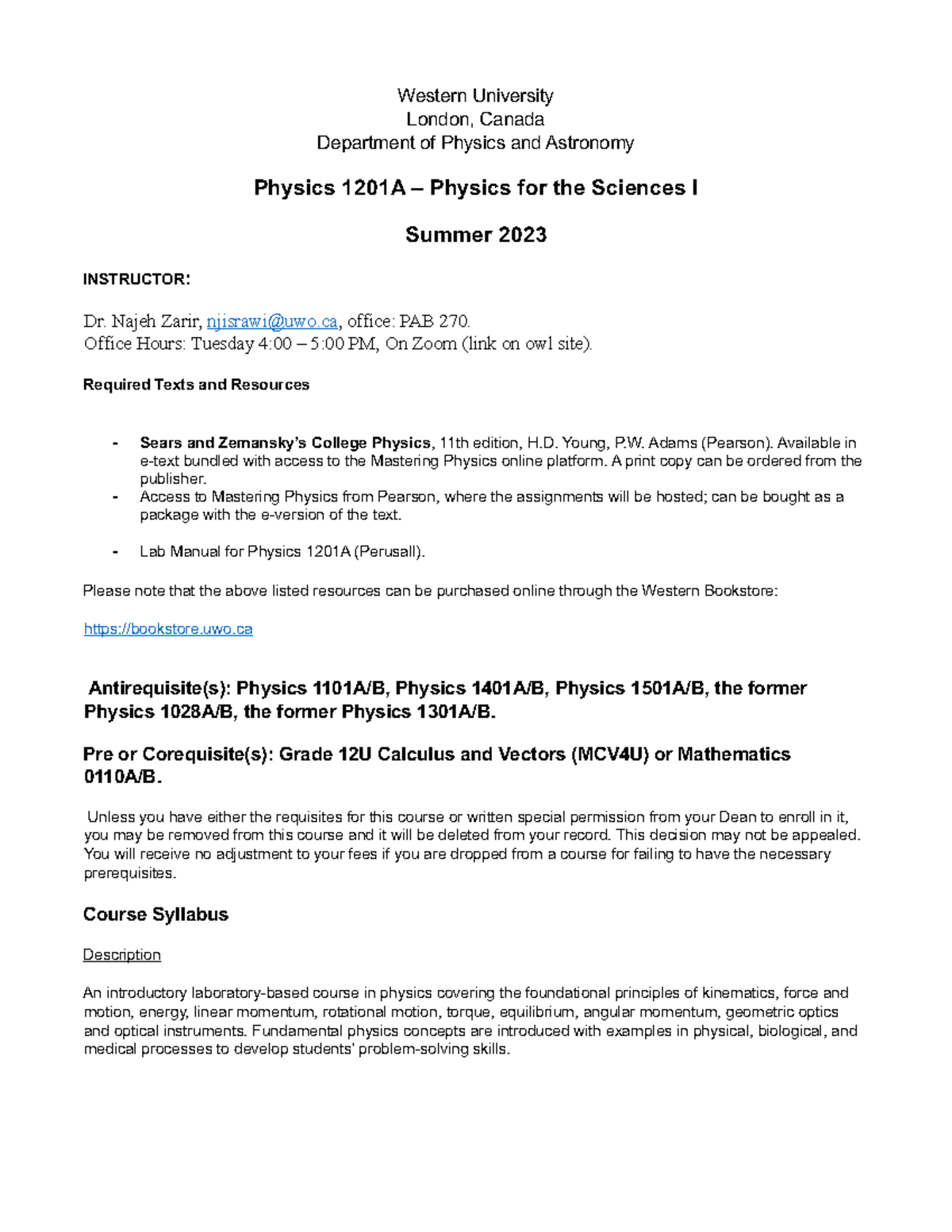 Physics 1201 A syllabls - Western University London, Canada Department ...