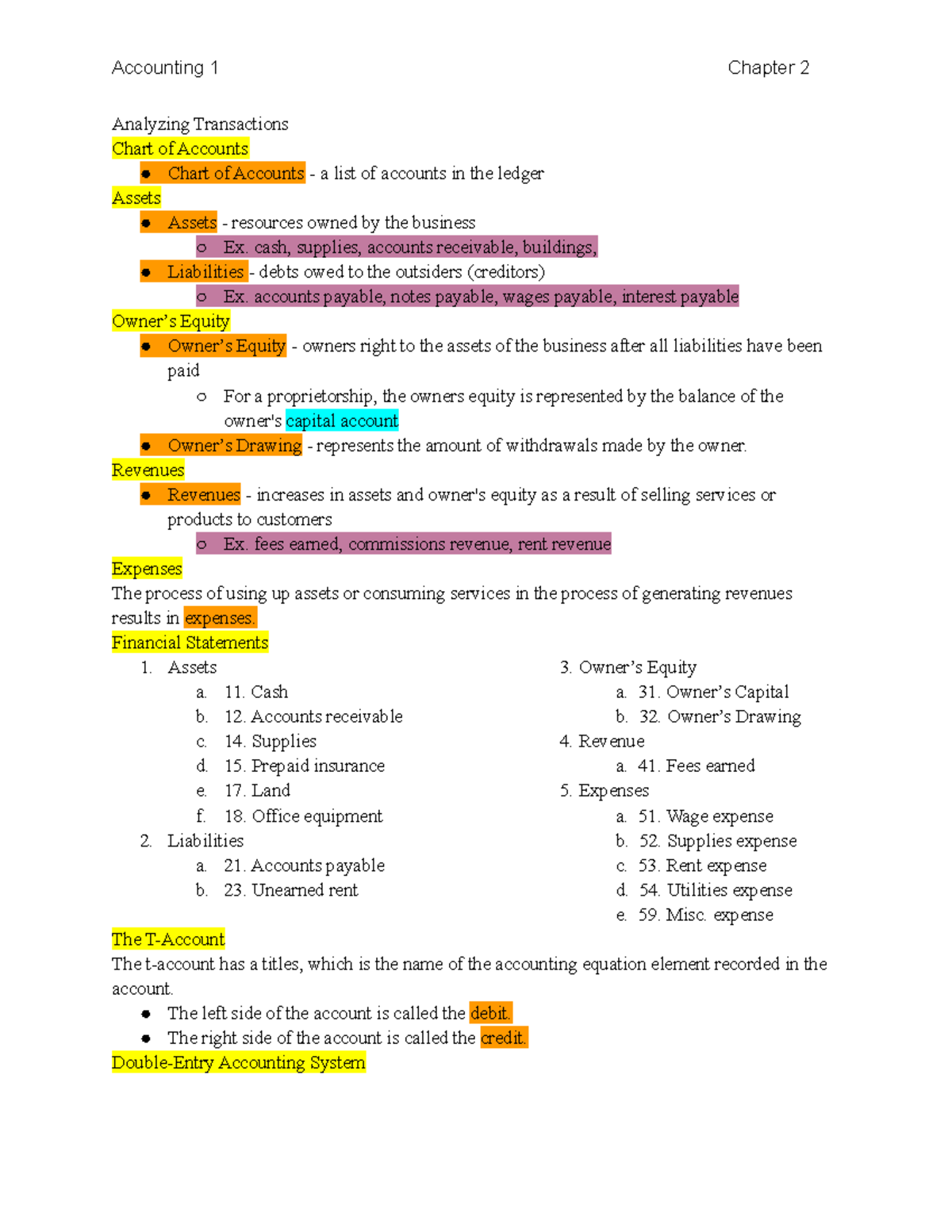 Accounting 1 - Chapter 2 Notes - Accounting 1 Chapter 2 Analyzing ...
