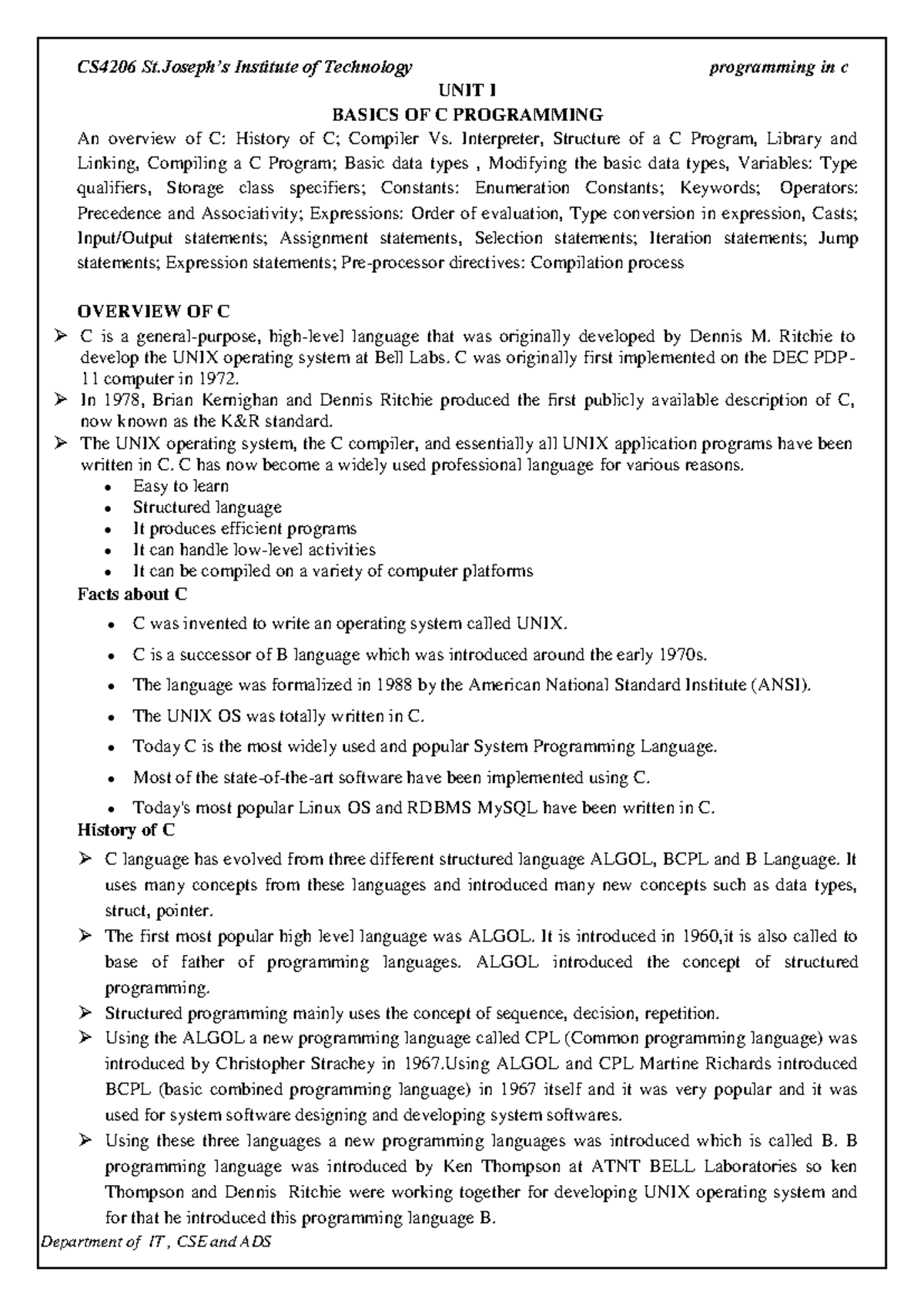 Unit 1 CS4206 - C NOTES - UNIT I BASICS OF C PROGRAMMING An overview of ...