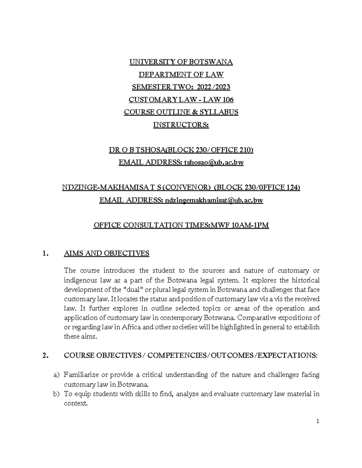 LAW 106 Course Outline 2022 2023 - UNIVERSITY OF BOTSWANA DEPARTMENT OF