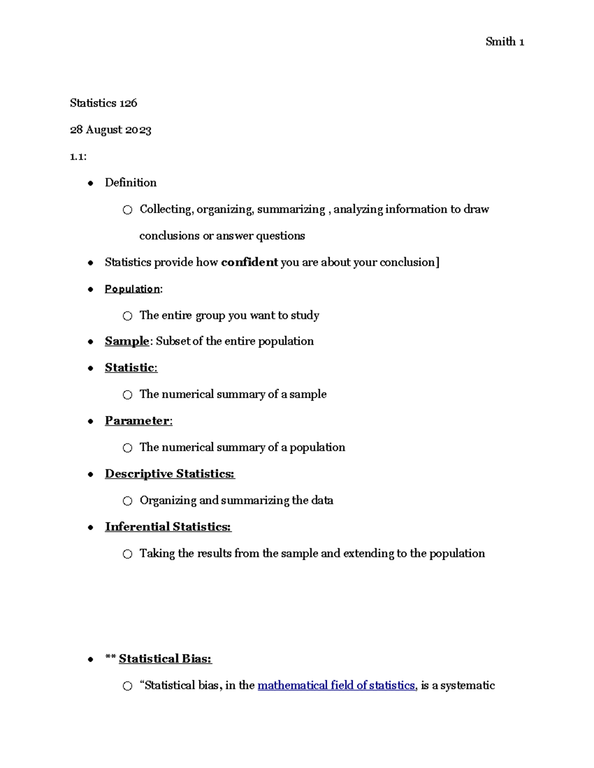 Vocab- STAT 126 - Statistics 126 28 August 2023 1: Definition ...