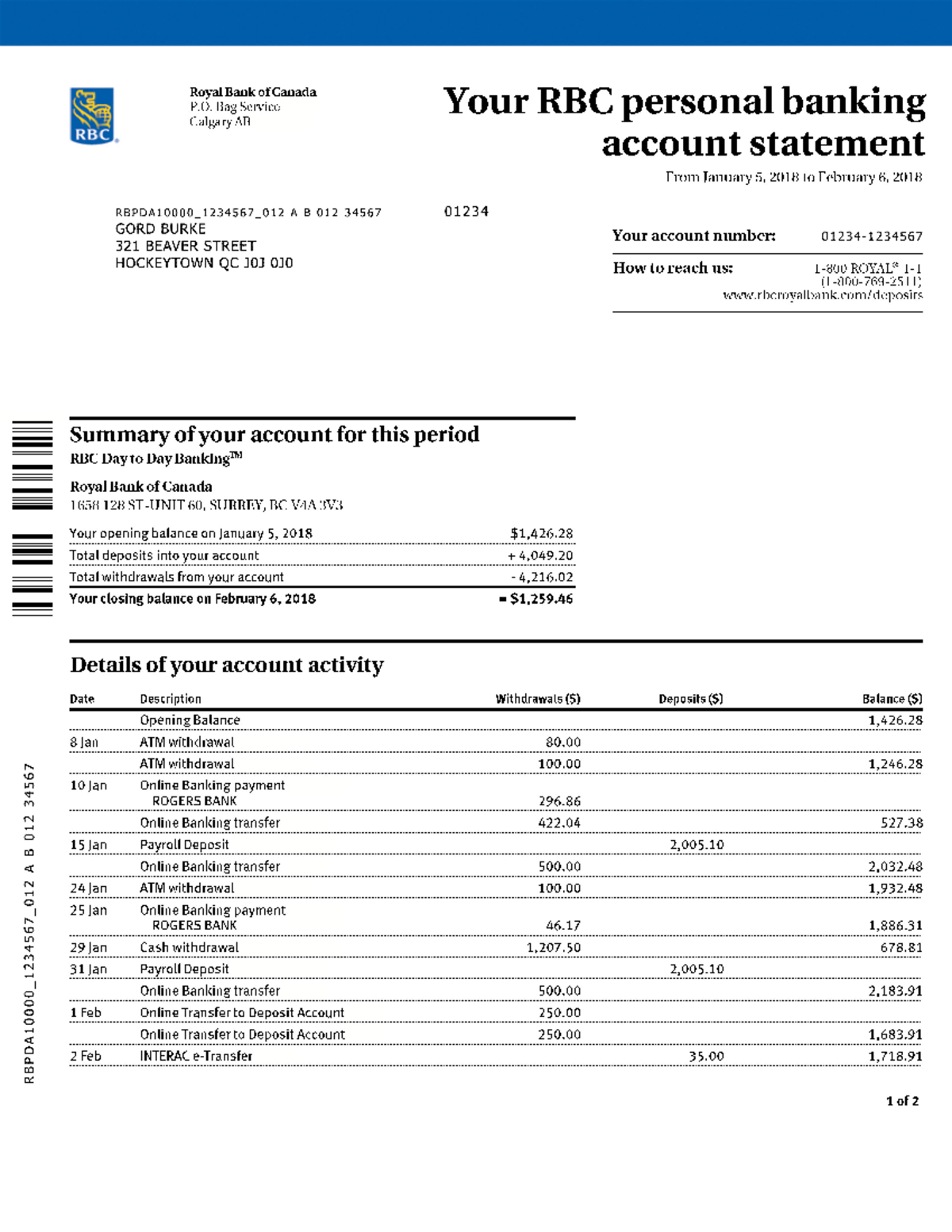 RBC Bank Statement - THIE KDJODPKS OSJOKPS - Banking and finance - Studocu