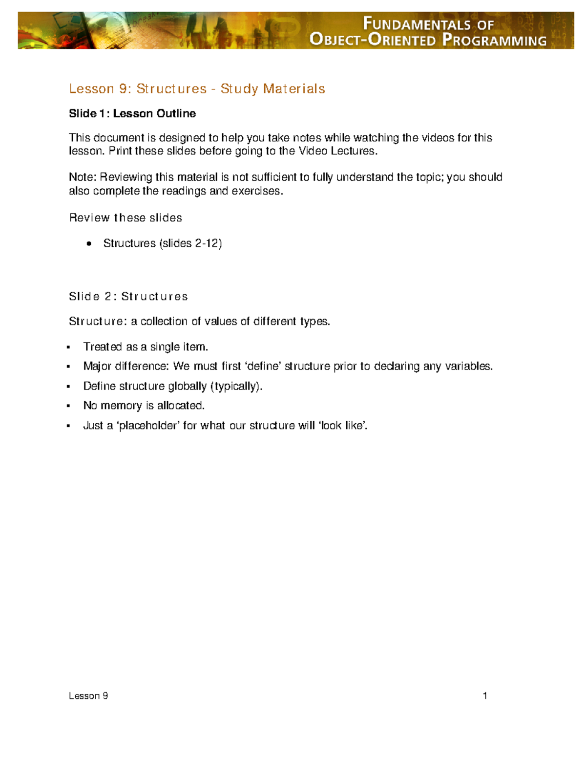 Lesson 9 COMP218 - Lecture notes chapter9 - Lesson 9: Structures ...