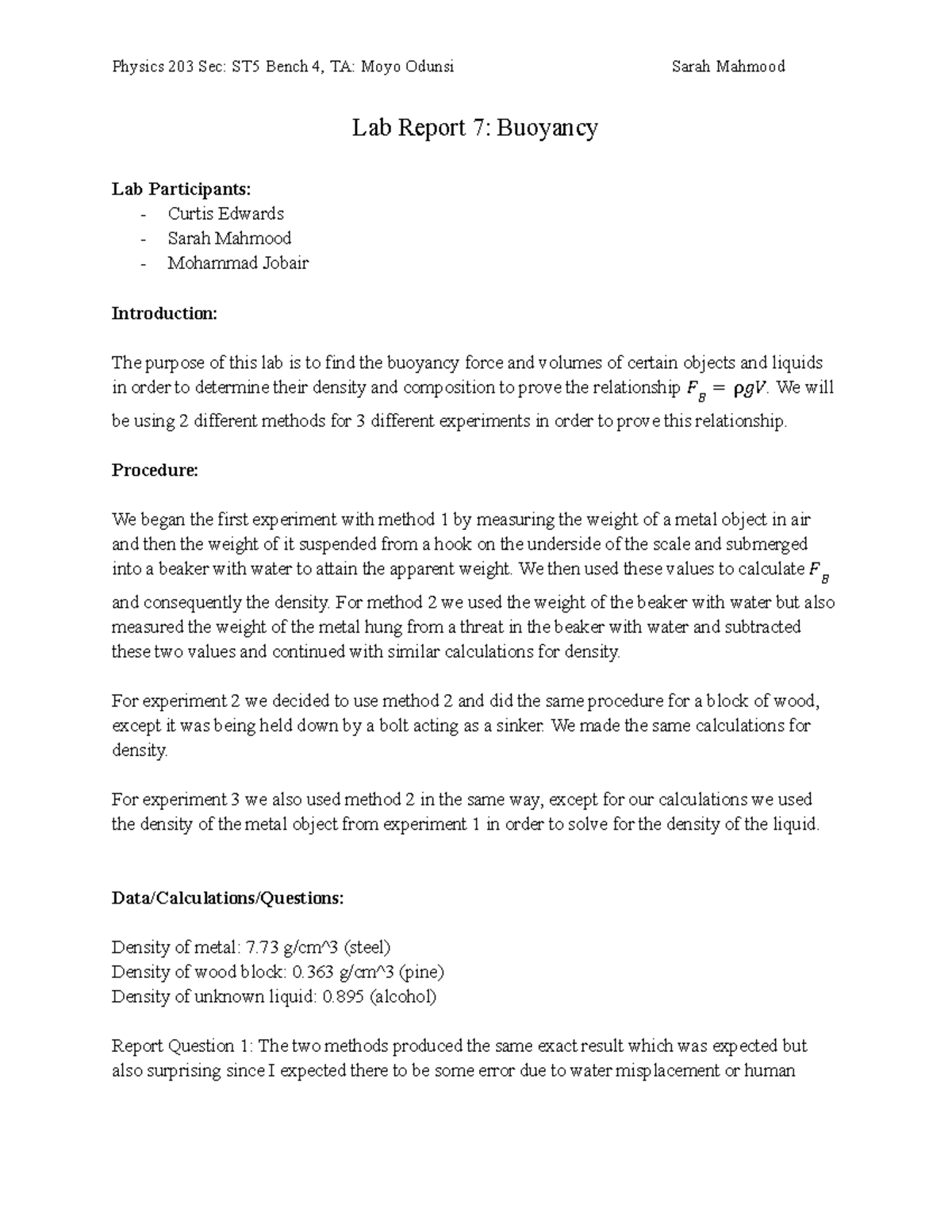 Lab Report 7 Buoyancy - Physics 203 Sec: ST5 Bench 4, TA: Moyo Odunsi ...