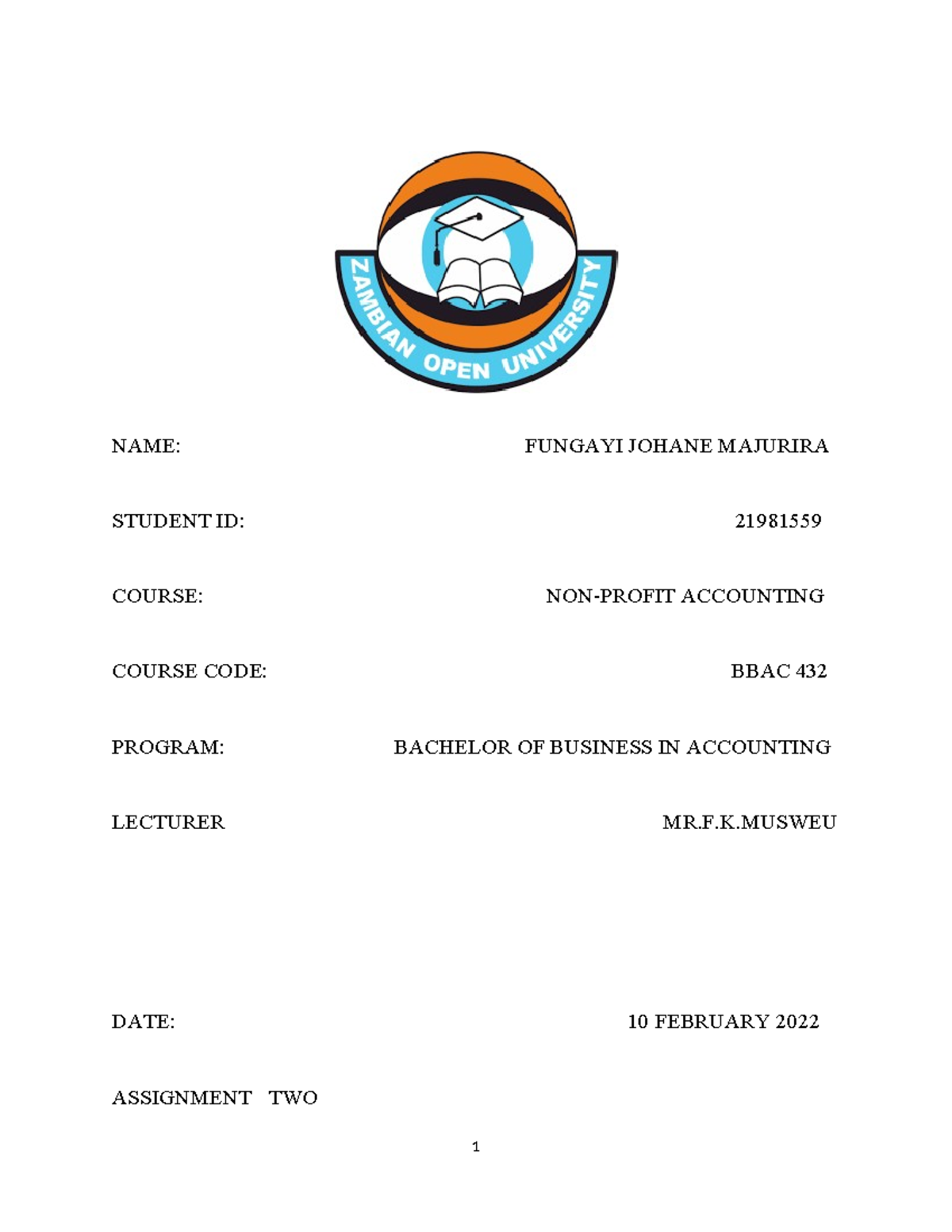 Assignment 2 - course work for undergraduate classes - NAME: FUNGAYI ...