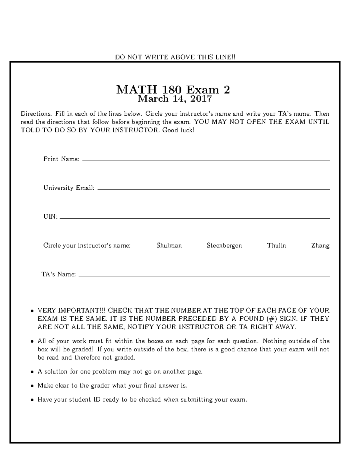 Math180 second spring 2017 - MATH 180 Exam 2 March 14, 2017 Directions ...