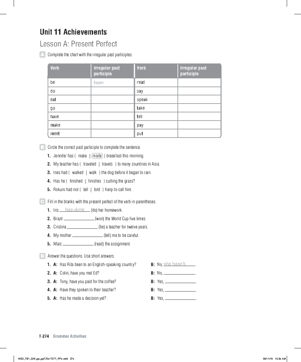 World english 3e level 1 grammar activities unit 11 lesson a - T-274 ...