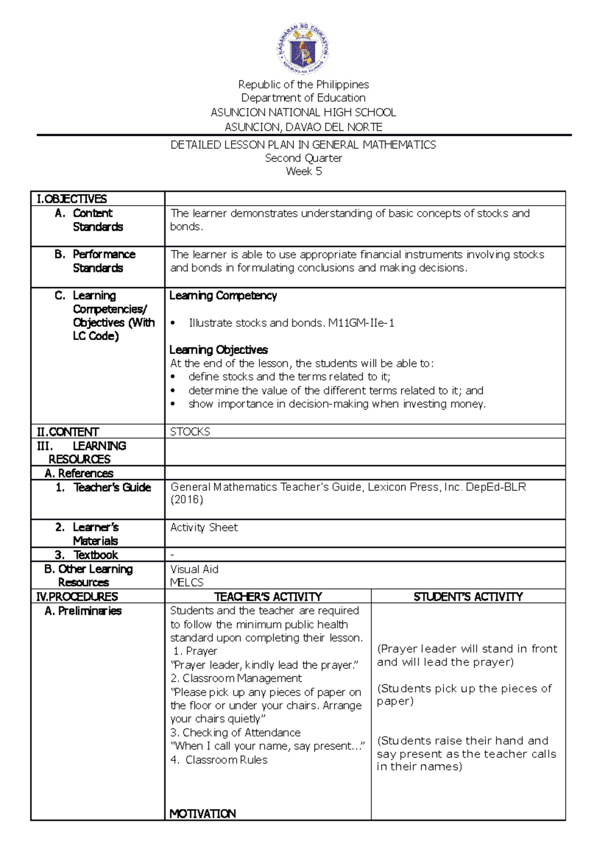 Lesson Plan in Stocks - Republic of the Philippines Department of ...