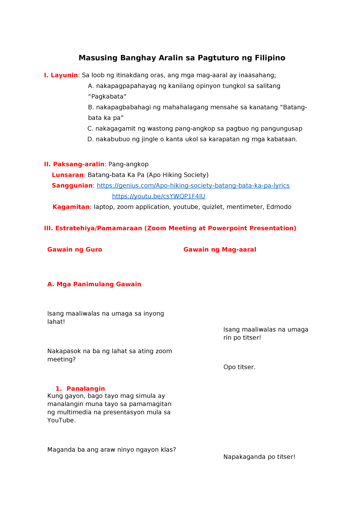 Lesson Plan Pang Angkop Masusing Banghay Aralin Sa Pagtuturo Ng Filipino I Layunin Sa Loob 1532