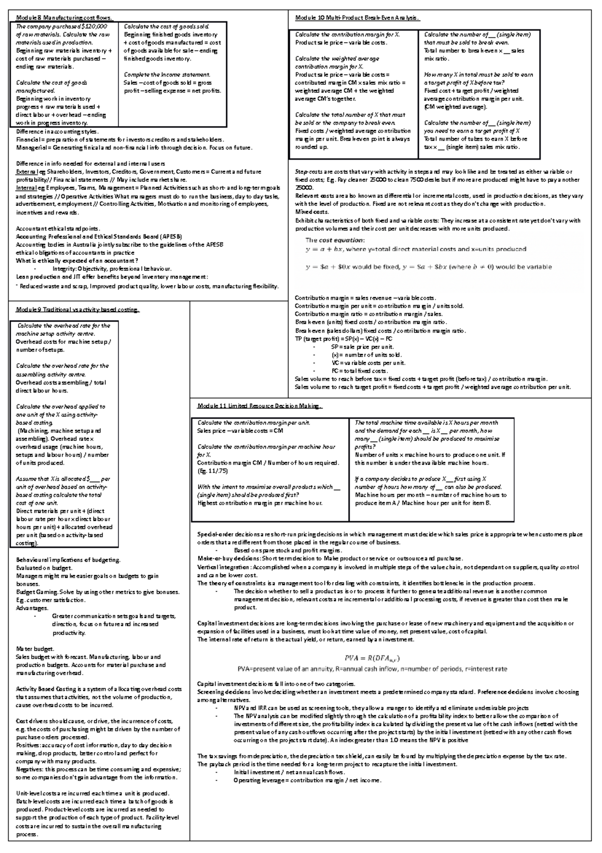 Final Accounting Cheat Sheet - Module 10 Multi-Product Break-Even ...