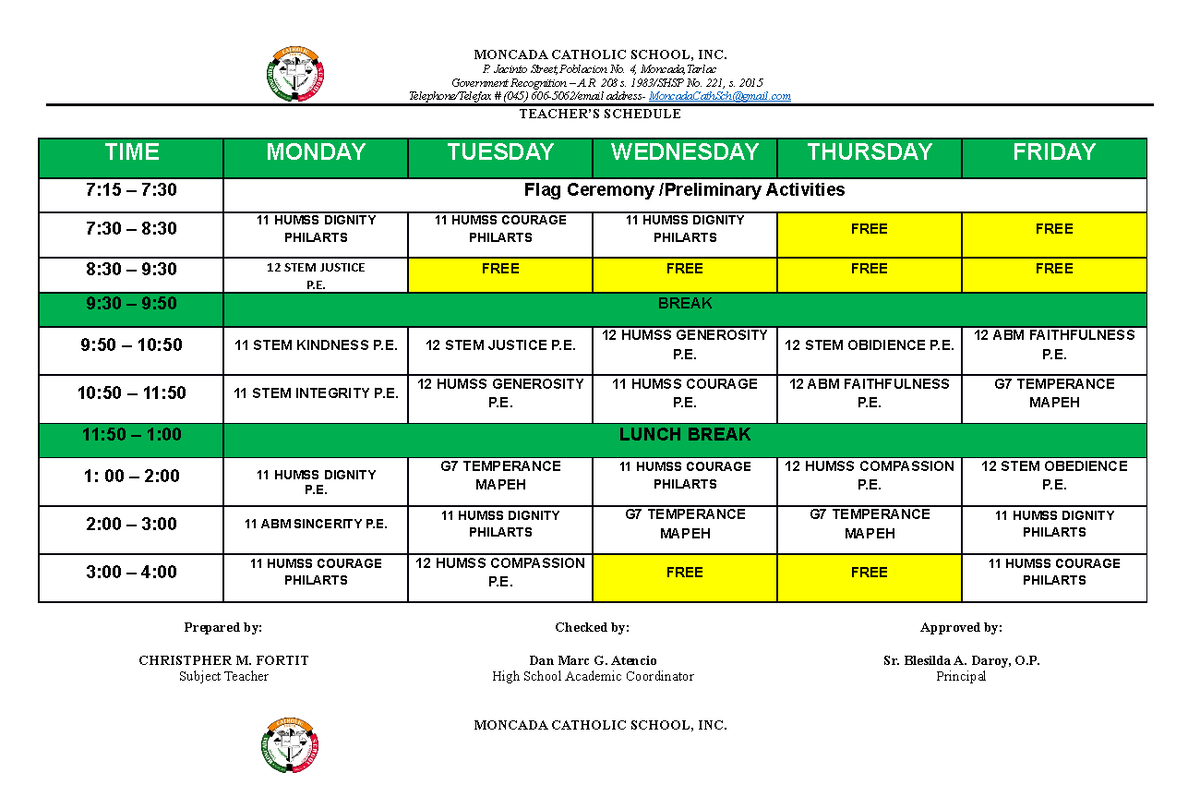 Class Sched Template Copy - MONCADA CATHOLIC SCHOOL, INC. P. Jacinto ...