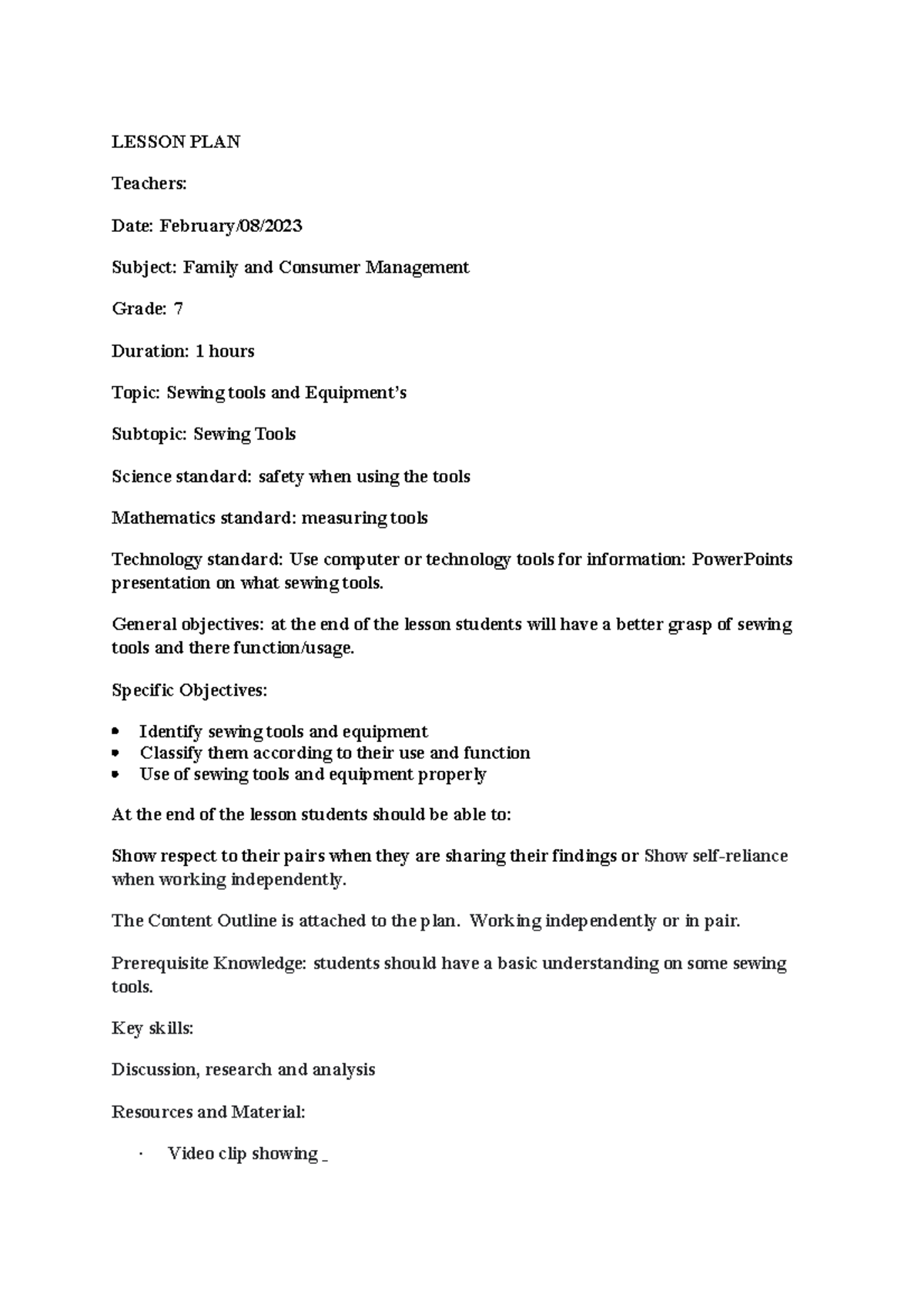 Sewing tools and equipment Lesson PLAN 1 LESSON PLAN Teachers Date