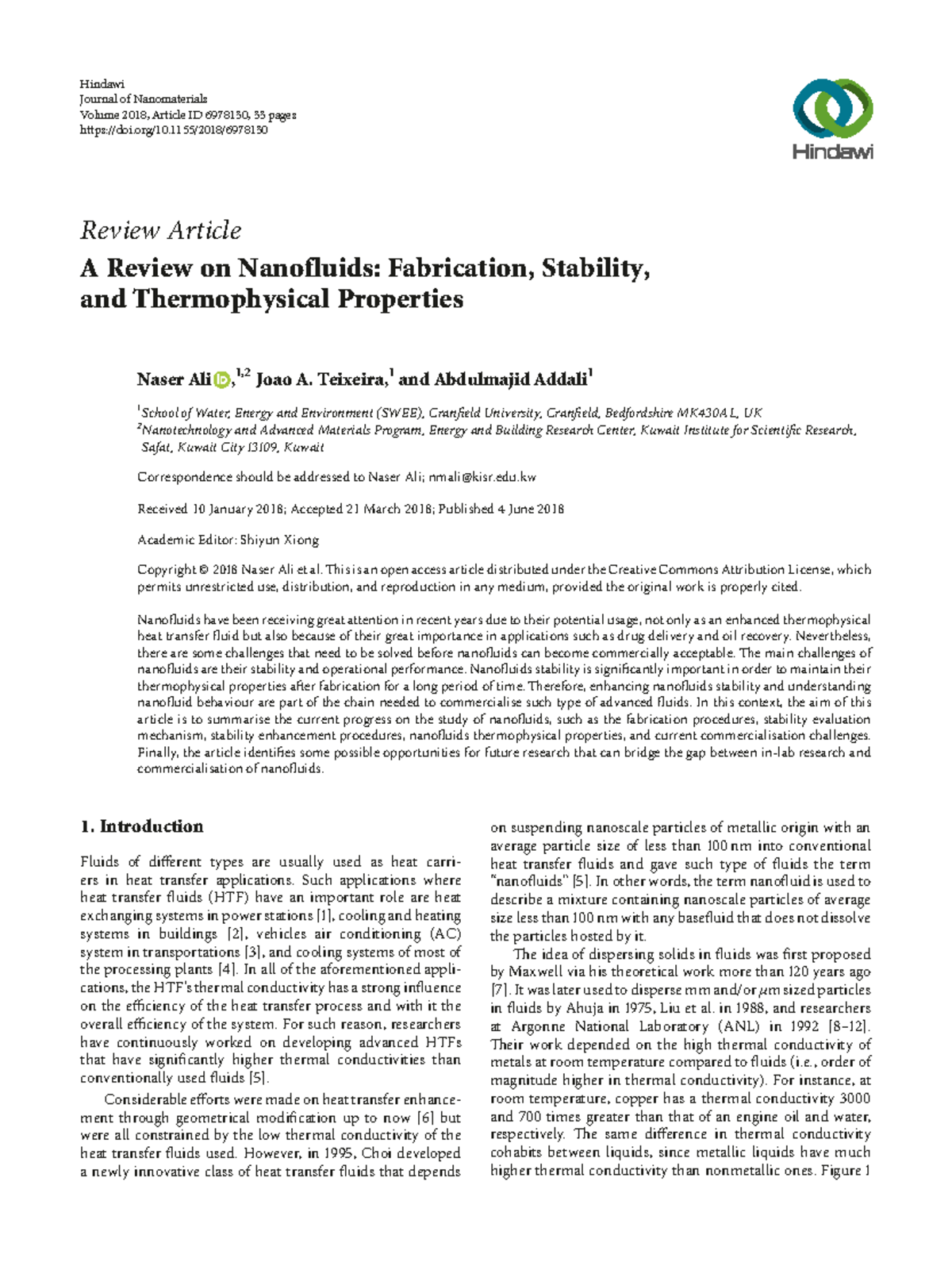 A Review on Nanofluids Fabrication, Stability, and Thermophysical ...