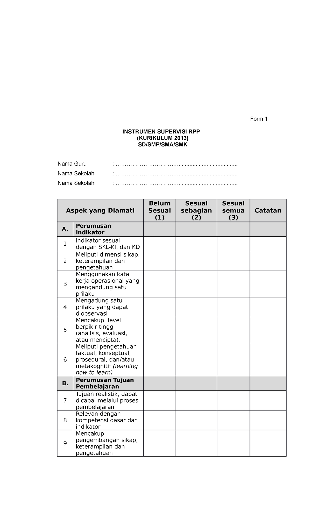 Instrumen Kurikulum 2013 Form 1 Instrumen Supervisi Rpp Kurikulum 2013 Sdsmpsmasmk Nama 