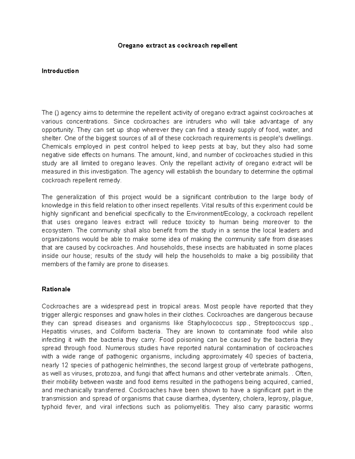 Project nonee Oregano extract as cockroach repellent Introduction