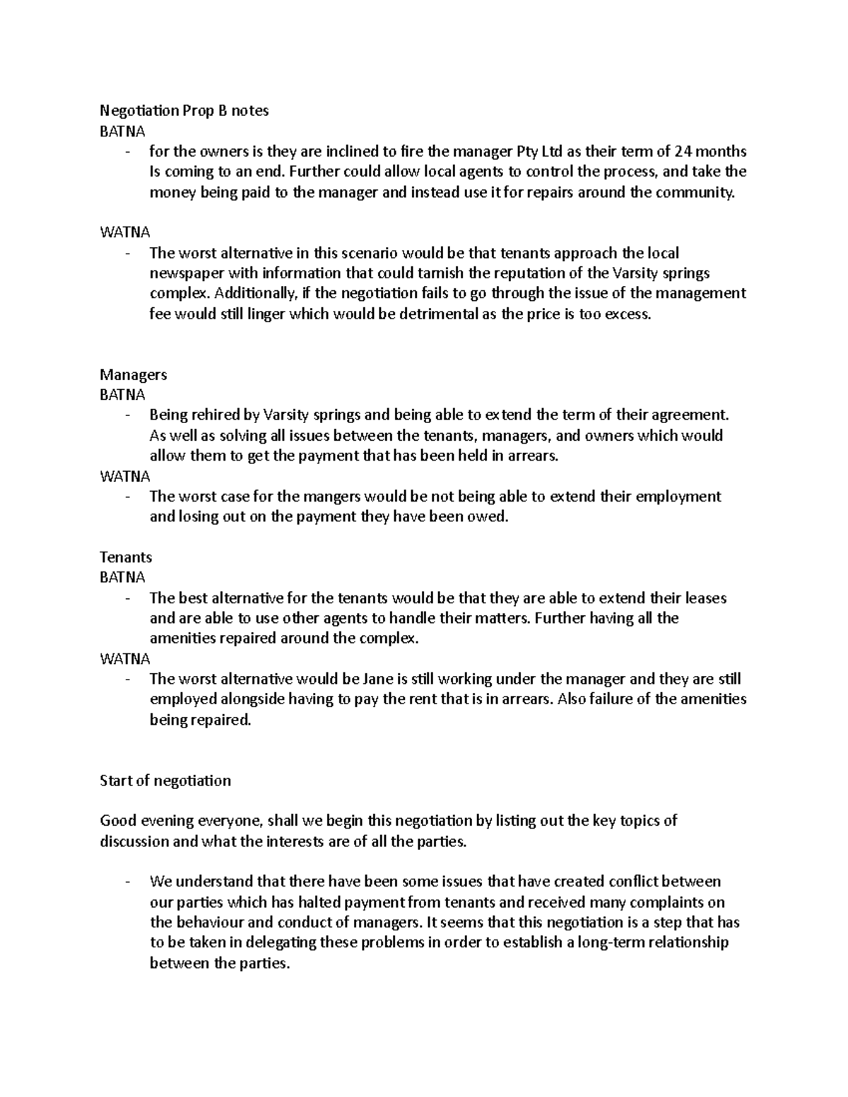 Negotiation Prop B notes - Negotiation Prop B notes BATNA - for the ...