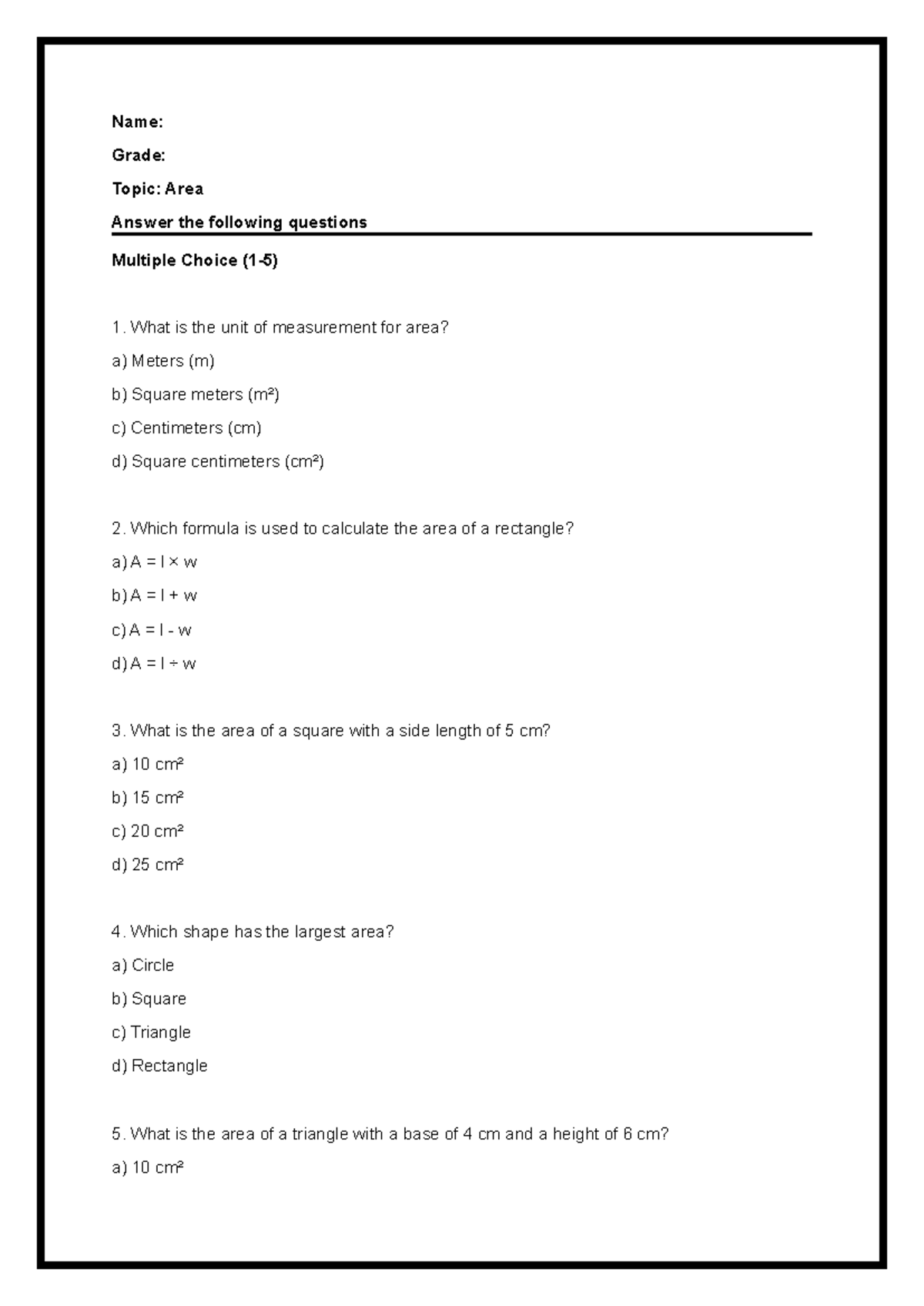 Area worksheet - helpful additional notes - Name: Grade: Topic: Area ...