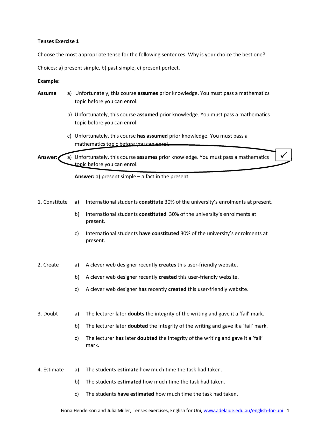 Tenses Exercises English For Uni Tenses Exercise 1 Choose The Most 