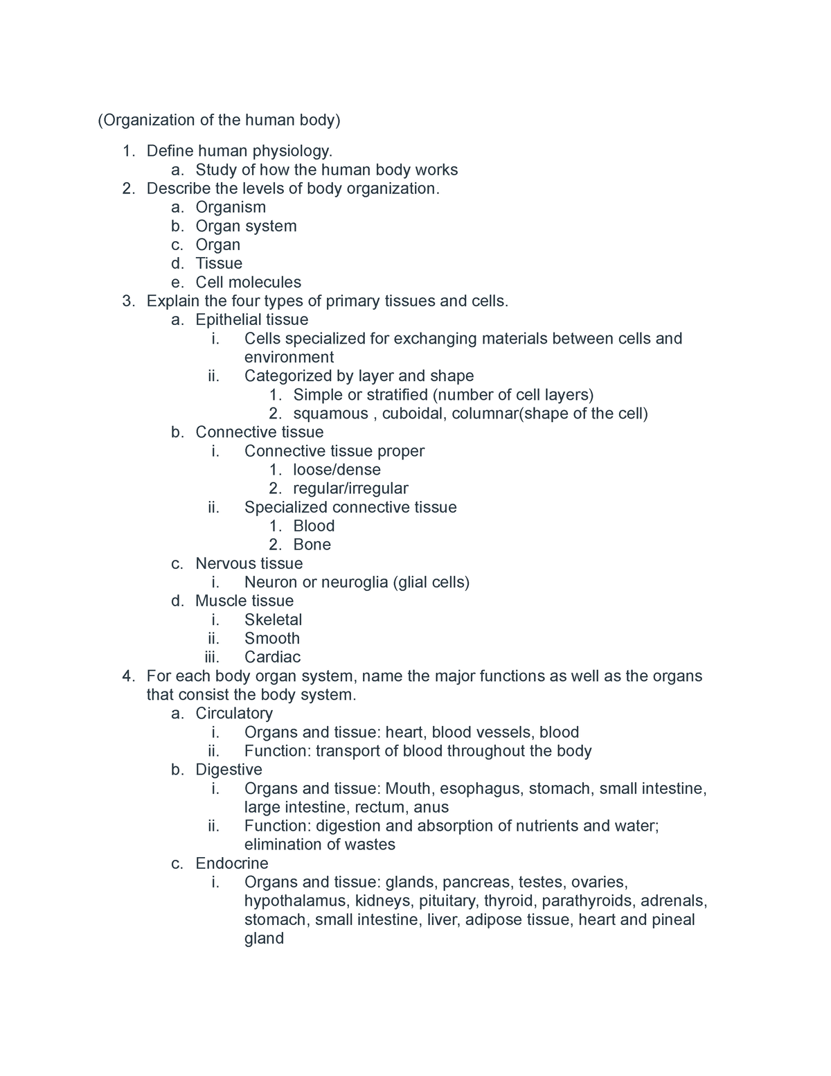 BISC 276 exam 1 learning objectives - (Organization of the human body ...