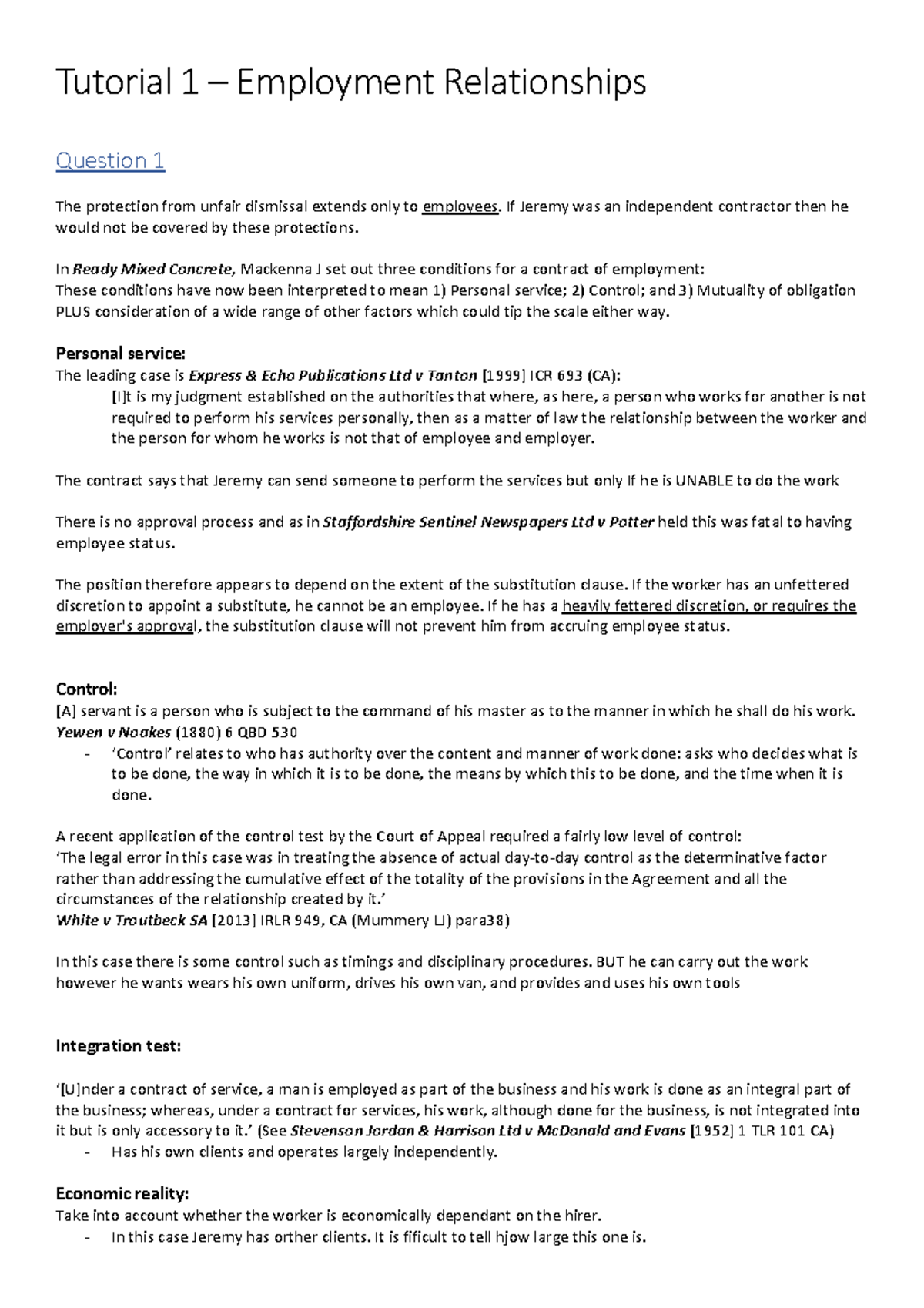 Tutorial 1 Employment Relationships notes - Tutorial 1 – Employment ...
