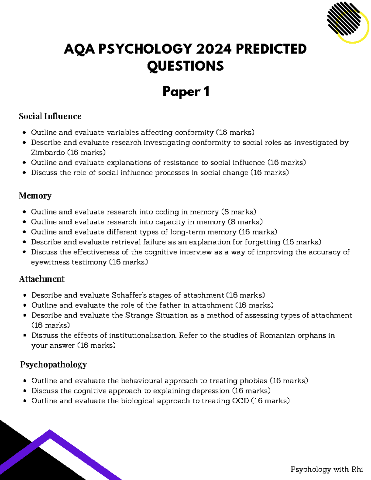 Predicted Essay Titles 2024 - QUESTIONS Paper 1 Outline and evaluate ...