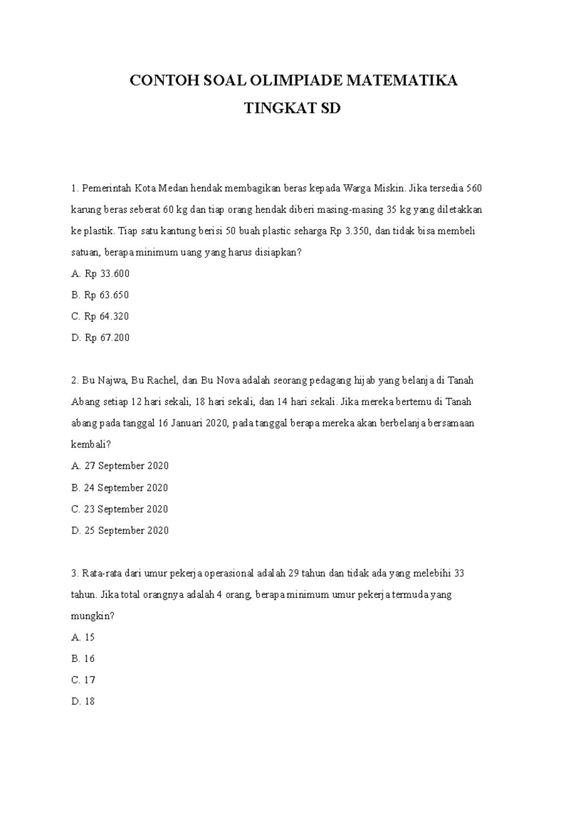 Contoh SOAL Olimpiade Matematika - CONTOH SOAL OLIMPIADE MATEMATIKA ...