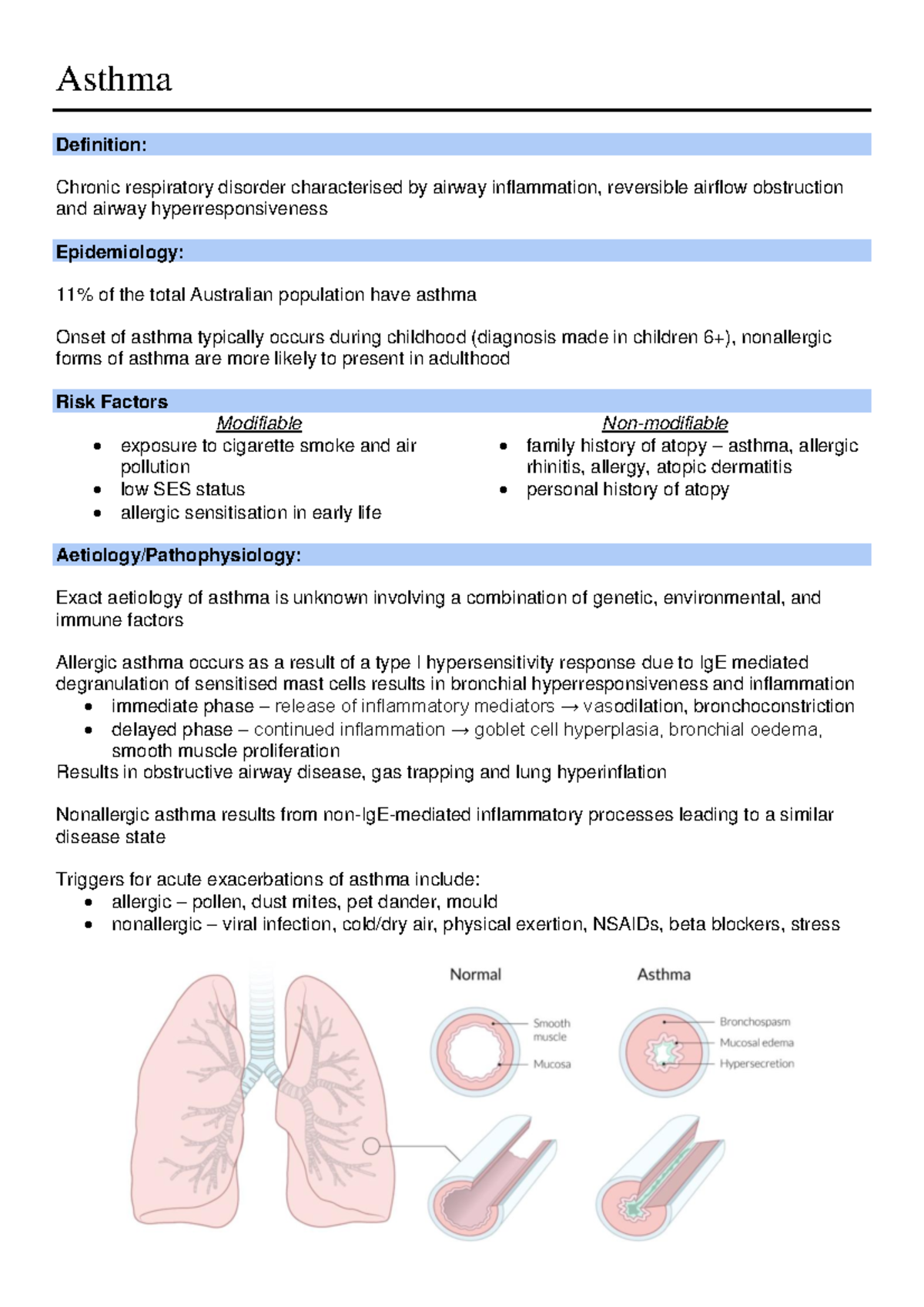 Asthma - Key pathology summary - Asthma Definition: Chronic respiratory ...