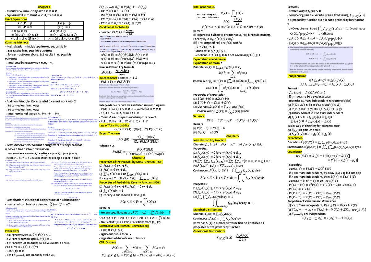 ST Midterms Cheatsheet - Chapter 1 Mutually Exclusive / Disjoint: 𝐴 ∩ 𝐵 ...