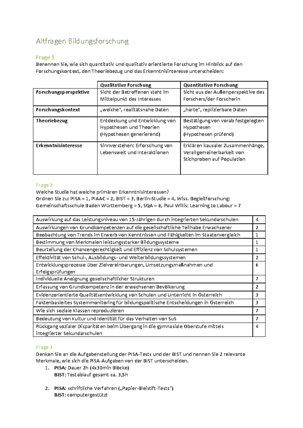 Klausur, Fragen - Altfragen Bildungsforschung Frage 1 Benennen Sie, Wie ...