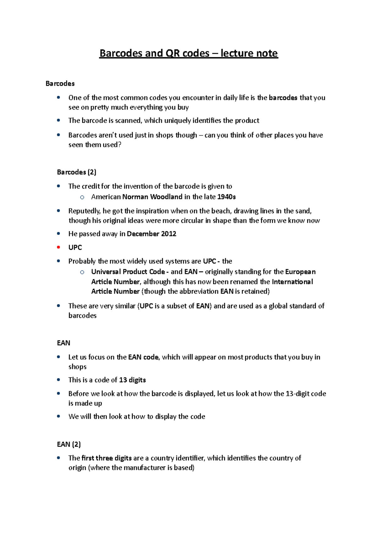 Barcodes and QR codes – lecture note - That is, when we do the ...