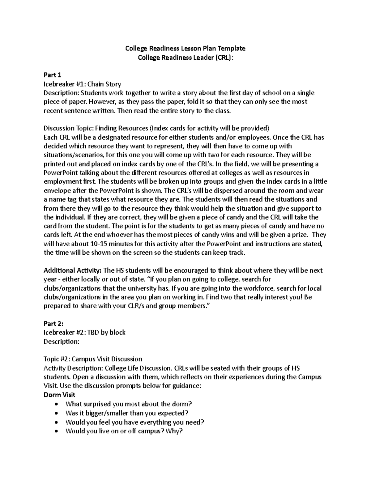 CRL Lesson Plan 3 College Readiness Lesson Plan Template College