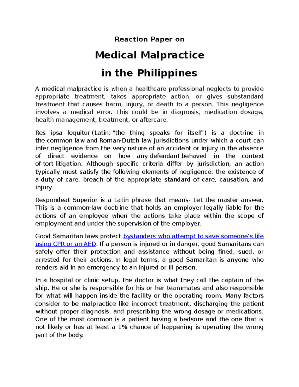 Medical Malpractice Reaction Paper on Medical Malpractice in the