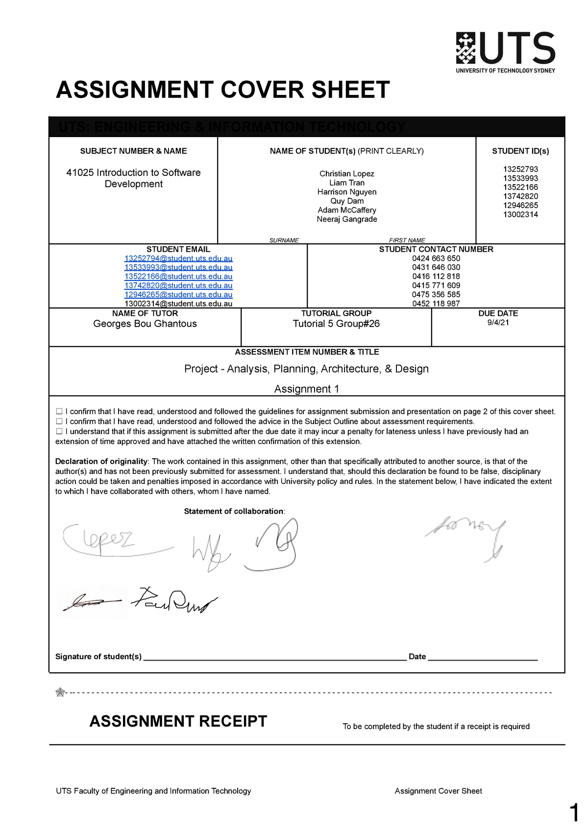 uts feit assignment cover sheet