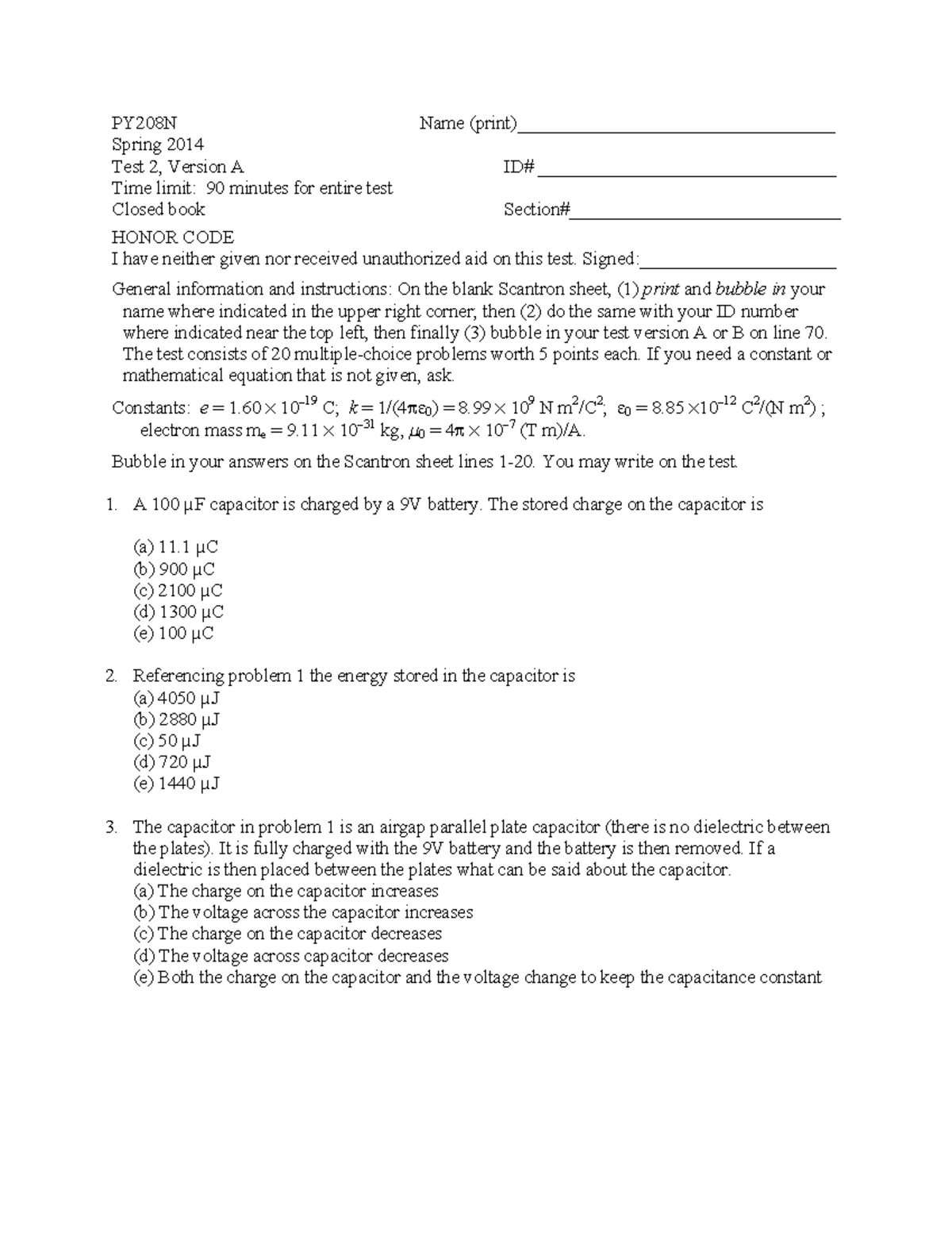 Prac Test 2E - physics 2 practice test G for test 1 problems - PY208N ...