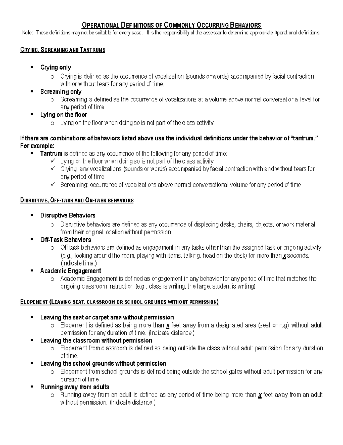 9 Operational Definitions of Commonly Occurring Behaviors Note These