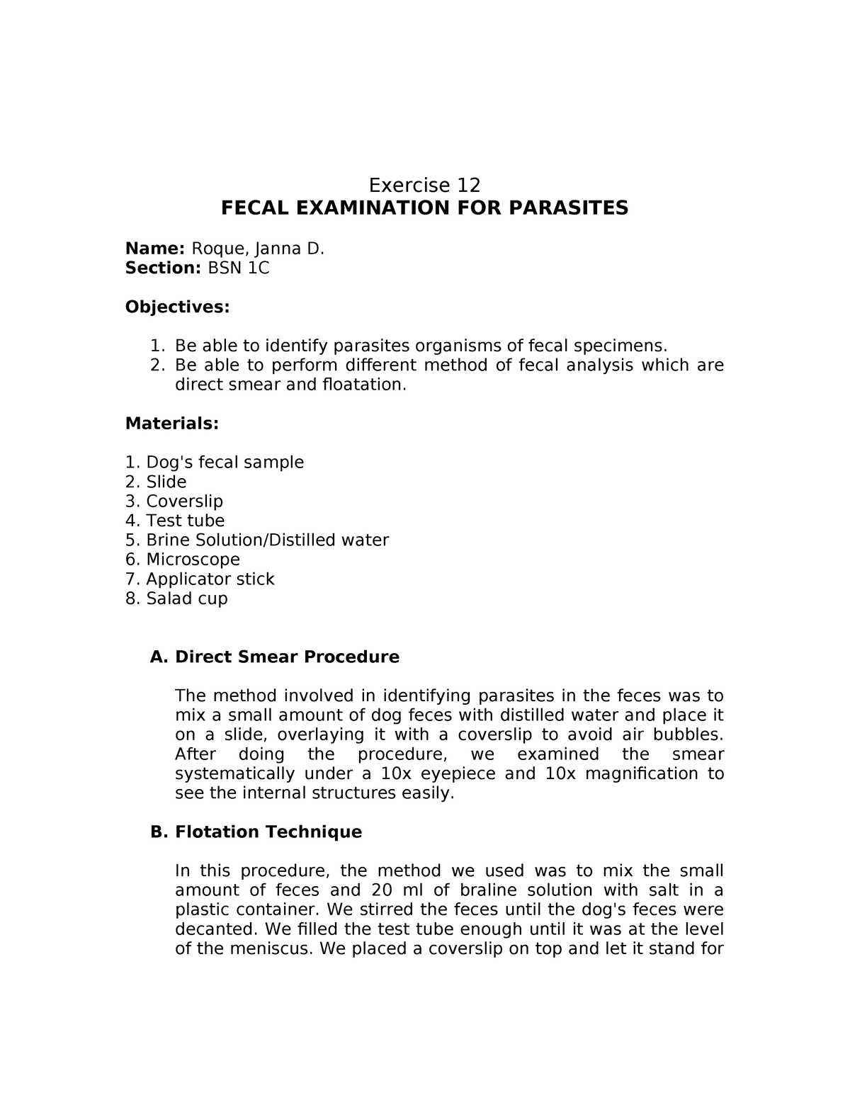 Fecalysis Notes - Exercise 12 FECAL EXAMINATION FOR PARASITES Name ...