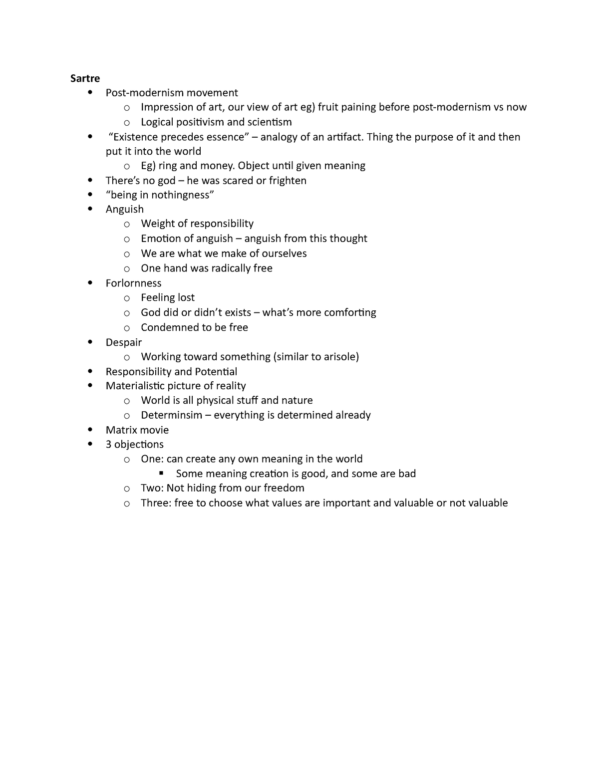 Menaing of life tutorial note - Sartre Post-modernism movement o ...