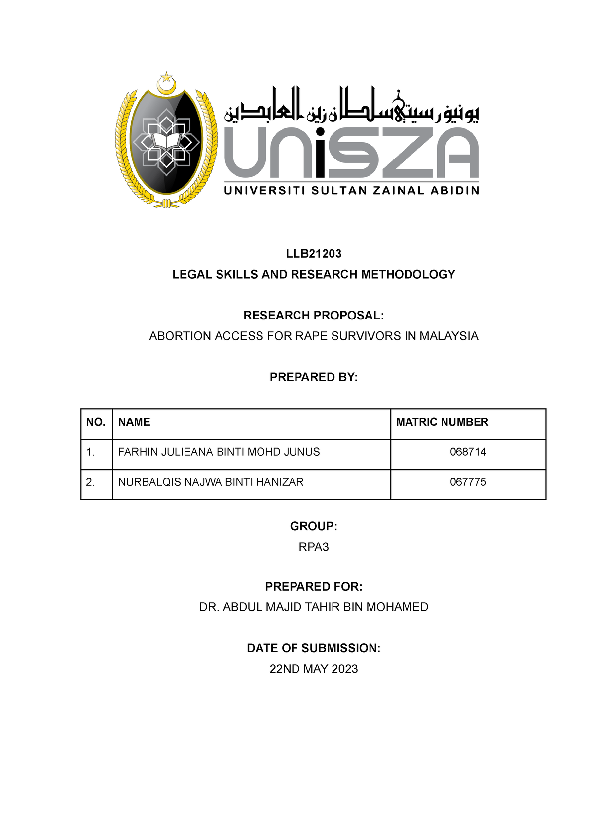 Research Proposal RPA 3 - LLB LEGAL SKILLS AND RESEARCH METHODOLOGY ...