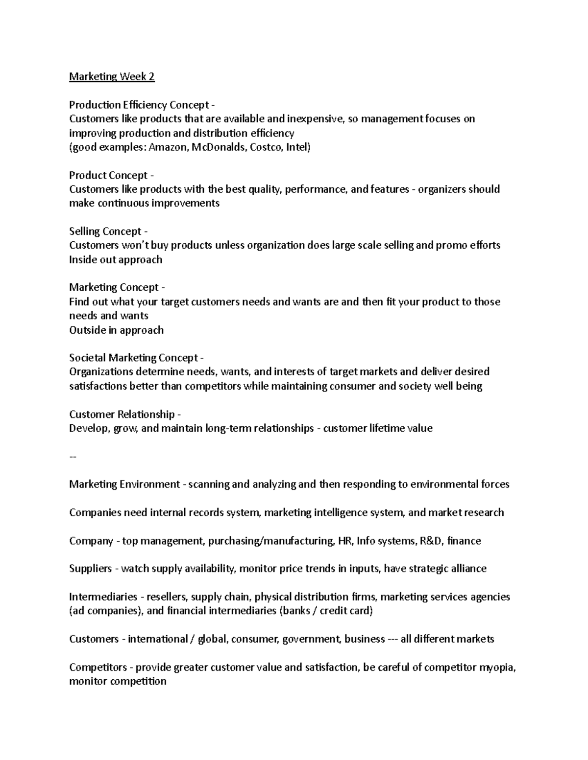 Marketing Notes Week 2 - Marketing Week 2 Production Efficiency Concept ...