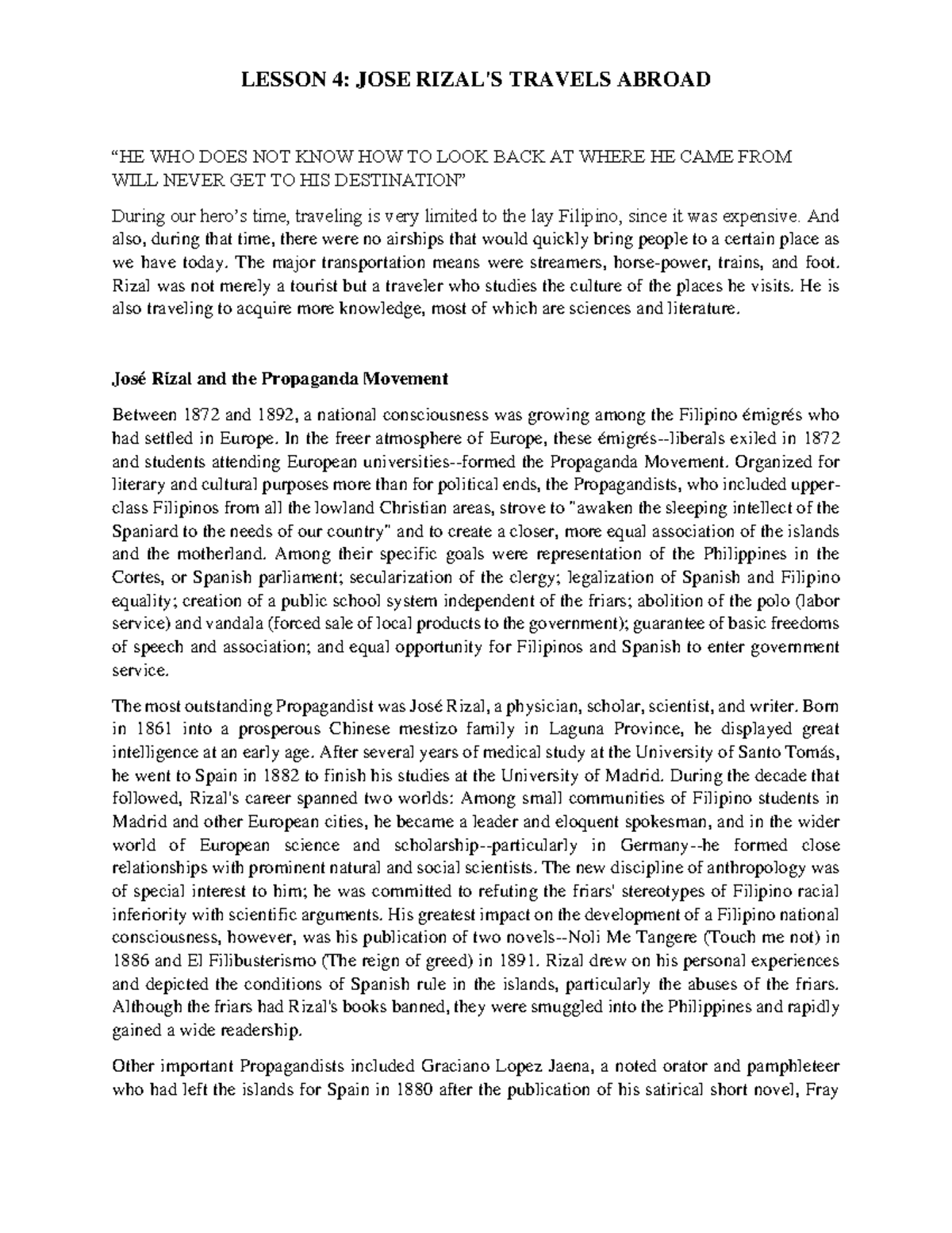 Lesson 4 - Rizal - LESSON 4: JOSE RIZAL'S TRAVELS ABROAD “HE WHO DOES ...