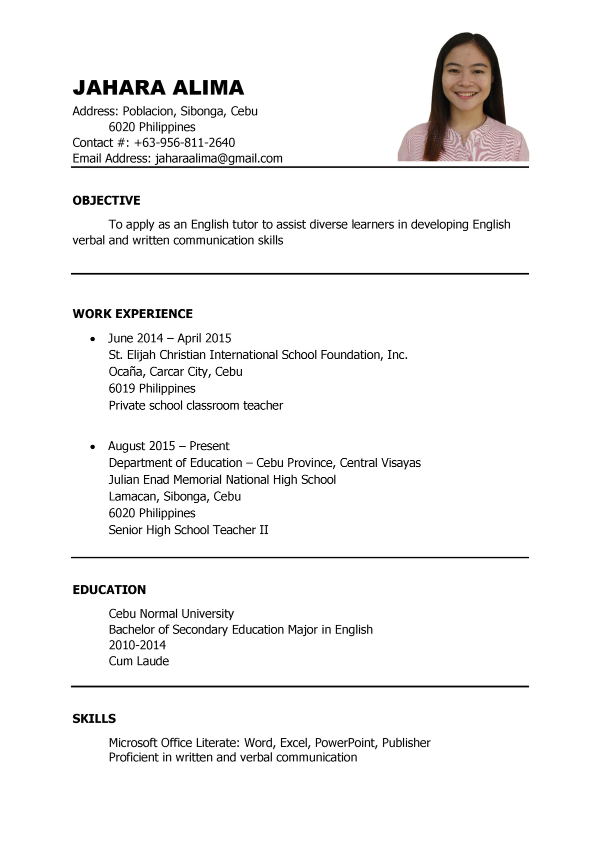 CV - Jahara Alima - short resume - JAHARA ALIMA Address: Poblacion ...