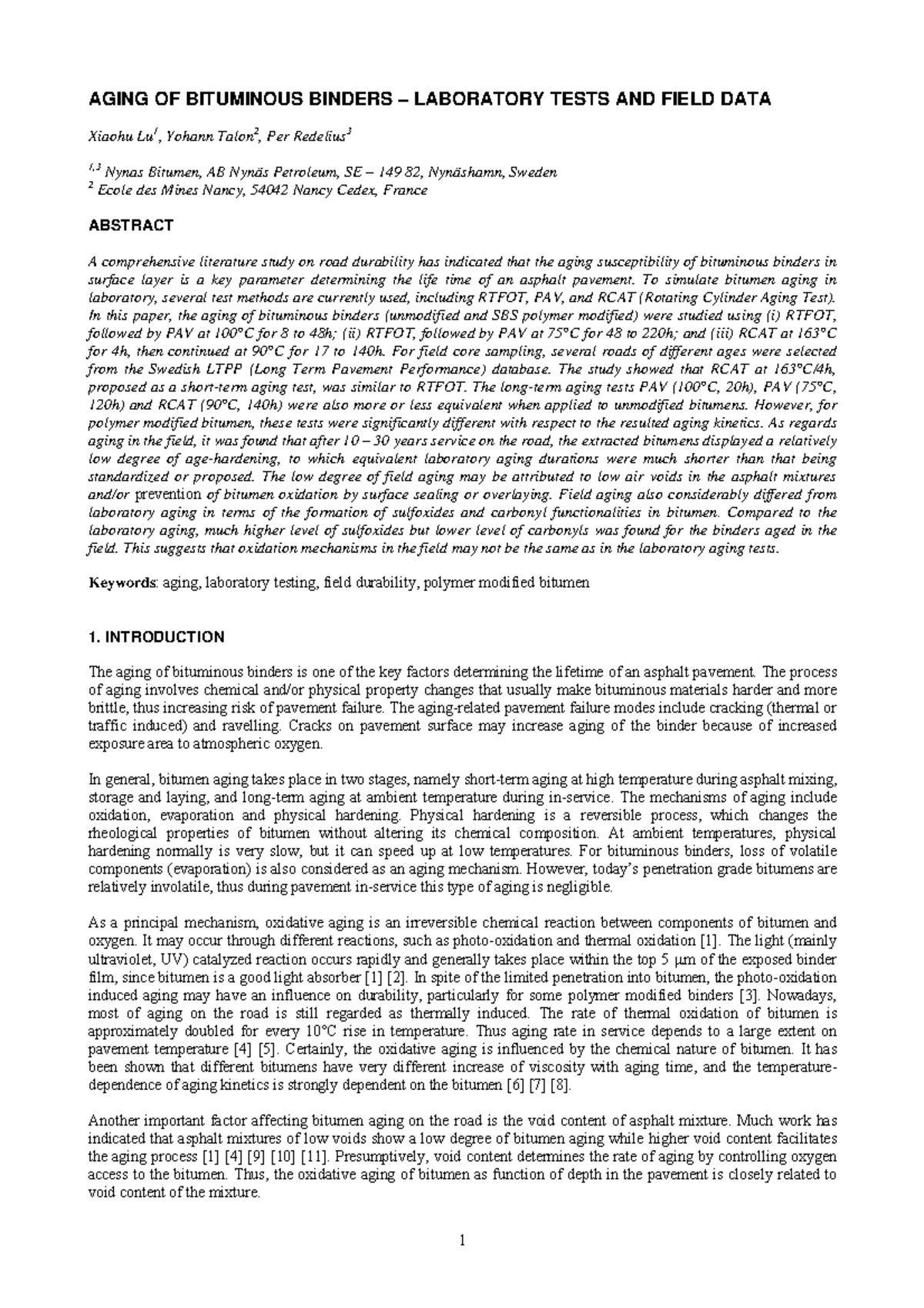 Aging of Bitumenous binder - AGING OF BITUMINOUS BINDERS – LABORATORY ...
